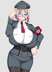  bad_id bad_pixiv_id blonde_hair blue_eyes breasts gigantic_breasts grey_background grin hat highres iron_cross kirise_mitsuru looking_at_viewer monocle nazi original pantyhose sharp_teeth short_hair smile solo swastika teeth 