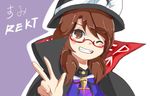  brown_eyes brown_hair cape glasses grin hat kapiten70 low_twintails one_eye_closed pun red-framed_eyewear smile touhou twintails usami_sumireko w 