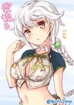  1girl asymmetrical_hair braid breasts brown_eyes eyebrows_visible_through_hair hair_between_eyes hair_ornament kantai_collection large_breasts long_hair open_mouth silver_hair single_braid solo sou_(soutennkouchi) unryuu_(kantai_collection) very_long_hair wavy_hair 