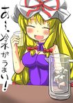  blonde_hair breasts cleavage condensation dress gaoo_(frpjx283) glass hair_ribbon hat highres ice ice_cube large_breasts mob_cap pitcher purple_dress ribbon smile sweat touhou translated water yakumo_yukari 