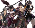  1boy armor belt black_hair blonde_hair brown_hair cape dual_wielding evil_smile facial_mark fighting_stance fingerless_gloves gloves grand_chase holding holding_sword holding_weapon lance looking_at_viewer male_focus multiple_persona pants parted_lips polearm scar shield sieghart_(grand_chase) simple_background smile spiked_hair sword weapon white_background 