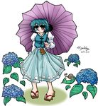  blue_eyes blue_hair commentary_request flower geta heterochromia hydrangea karakasa_obake red_eyes short_hair skirt solo tatara_kogasa touhou umbrella wakisaka_dk 