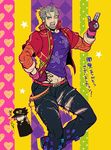  alternate_costume argyle bad_id bad_pixiv_id beard bloody_stream chain chibi chibi_inset facial_hair fingerless_gloves gloves green_eyes grey_hair hand_on_hip hat heart jacket jojo_no_kimyou_na_bouken joseph_joestar joseph_joestar_(young) kuujou_joutarou mechanical_arm midriff one_eye_closed pants polka_dot smile star torn_clothes torn_pants translation_request ty_1865 