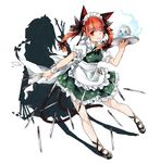  :3 alternate_color animal_ears apron bow braid cat_ears cat_tail cosplay different_shadow downscaled dress extra_ears frilled_dress frills full_body green_dress hair_bow hair_ornament hitodama holding holding_knife izayoi_sakuya izayoi_sakuya_(cosplay) kaenbyou_rin knife knives_between_fingers leaning_forward looking_at_viewer maid maid_headdress mary_janes md5_mismatch multiple_tails neck_ribbon one_eye_closed pocket_watch pointy_ears puffy_short_sleeves puffy_sleeves red_eyes red_hair resized ribbon shadow shoes short_sleeves simple_background skull solo standing tail touhou toutenkou tray twin_braids waist_apron watch white_background wrist_cuffs 