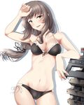  arm_rest arm_up armpits ass_visible_through_thighs bad_id bad_pixiv_id bikini black_hair brown_eyes girls_und_panzer groin highres long_hair low-tied_long_hair nksk shimada_chiyo side-tie_bikini standing swimsuit 