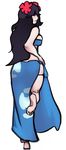  ass bad_id bad_tumblr_id bandeau bare_shoulders barefoot black_hair blue_sarong cosplay flower from_behind full_body fuyou_(pokemon) fuyou_(pokemon)_(cosplay) hair_flower hair_ornament hair_over_one_eye hex_maniac_(pokemon) long_hair pokemon pokemon_(game) pokemon_xy print_sarong purple_eyes sarong scathegrapes soles solo strapless 