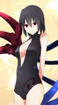  aono_meri arms_behind_back asymmetrical_wings bad_id bad_pixiv_id black_hair cleavage_cutout highres houjuu_nue looking_at_viewer one-piece_swimsuit red_eyes short_hair smile solo sparkle swimsuit touhou wings yellow_background 