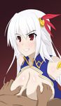  armor bare_shoulders blush breasts cleavage_cutout dark_skin detached_sleeves eleonora_viltaria gradient gradient_background hair_ornament long_hair madan_no_ou_to_vanadis open_mouth paizuri red_background red_eyes white_hair 
