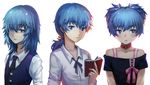  androgynous ansatsu_kyoushitsu bare_shoulders blue_eyes blue_hair blush book bow bra_strap collar collarbone collared_shirt cross-laced_clothes crossdressing face hair_bow hair_over_one_eye highres holding holding_book long_hair looking_at_viewer looking_away male_focus multiple_persona neck_ribbon necktie off_shoulder open_book otoko_no_ko ponytail ribbon shaded_face shiny shiny_hair shiota_nagisa shirt short_hair short_twintails simple_background tanotomoe twintails upper_body vest white_background white_shirt 