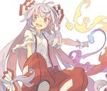  bow fire fujiwara_no_mokou hair_bow hair_ornament hair_ribbon jpeg_artifacts long_hair looking_to_the_side morino_hon open_mouth outstretched_arm pants red_eyes ribbon shirt short_sleeves silver_hair simple_background smile solo torn_clothes torn_sleeves touhou very_long_hair white_background 