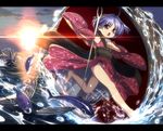  bare_legs barefoot bowl cloud commentary_request fish flying_fish in_bowl in_container japanese_clothes kimono long_sleeves needle obi ocean open_mouth purple_hair red_eyes running sash shope sky solo sukuna_shinmyoumaru sunset touhou upskirt water wide_sleeves 