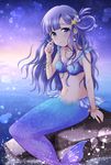  asari_nanami bad_id bad_pixiv_id bangs bikini_top blue_eyes blue_hair blunt_bangs bottle bracelet earrings evening fish_hair_ornament hair_ornament hair_rings highres idolmaster idolmaster_cinderella_girls jewelry lens_flare long_hair looking_at_viewer mermaid monster_girl monsterification necklace ocean pearl_necklace perfume_bottle scales sitting smile solo splashing water youme 