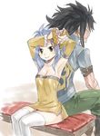  1girl armpits arms_up back-to-back bench black_hair blue_hair breasts brown_eyes cleavage detached_sleeves dress fairy_tail gajeel_redfox gradient gradient_background levy_mcgarden looking_at_viewer mashima_hiro piercing short_dress sitting smile spiked_hair strapless_dress thighhighs yellow_dress 