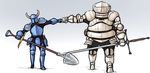  armor crossover dark_souls fist_bump full_armor full_body gradient gradient_background helmet horned_helmet male_focus multiple_boys scathegrapes shovel shovel_knight shovel_knight_(character) siegmeyer_of_catarina souls_(from_software) sword weapon white_background zweihander 