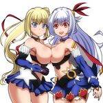  2girls areolae asymmetrical_docking bare_shoulders belt blonde_hair blue_eyes breast_press breasts cape choker detached_sleeves elbow_gloves eleonora_viltaria gloves hair_ornament large_breasts limalisha long_hair madan_no_ou_to_vanadis midriff multiple_girls nipples open_mouth red_eyes side_ponytail simple_background skirt topless white_hair 