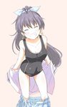  closed_eyes earrings ganaha_hibiki idolmaster idolmaster_(classic) jewelry ponytail skirt skirt_removed smile swimsuit tsukumo 