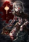  albino bandages blood bloodborne bloody_weapon chromatic_aberration disembodied_head gia highres hunter_(bloodborne) pale_skin red_eyes short_hair silver_hair solo uneven_eyes weapon 