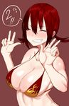  ^_^ absurdres amano_don bad_id bad_pixiv_id bikini_top blush breasts clenched_teeth closed_eyes double_v flame_print highres large_breasts original print_bikini_top red_hair short_hair short_twintails smile solo teeth twintails v 