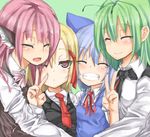  animal_ears antennae blonde_hair blue_hair blush bow bowtie cirno closed_eyes green_background green_hair grin hair_ornament hair_ribbon long_sleeves looking_at_viewer masuo multiple_girls mystia_lorelei necktie no_hat no_headwear one_eye_closed open_mouth pink_hair puffy_sleeves red_eyes red_neckwear ribbon rumia shirt short_hair short_sleeves simple_background smile team_9 touhou upper_body v vest wriggle_nightbug 