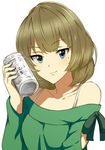  alcohol asahi_breweries bare_shoulders beer beer_can blue_eyes brand_name_imitation brown_hair can green_eyes heterochromia idolmaster idolmaster_cinderella_girls keikesu mole mole_under_eye short_hair smile solo takagaki_kaede 