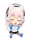  animal_ears bare_shoulders blush breasts bridal_gauntlets cat_ears cat_tail chibi closed_eyes elbow_gloves ganari_ryuu gloves headphones headset large_breasts long_hair looking_at_viewer open_mouth original pink_hair simple_background smile solo super_tama_musume tail tamatoys thighhighs 