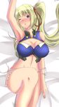  armpits bare_shoulders blonde_hair blush breasts cleavage cleavage_cutout frills gradient gradient_background limalisha long_hair lying madan_no_ou_to_vanadis midriff one_eye_closed open_mouth panties side_ponytail tears underwear 