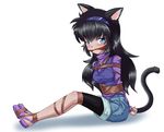  animal_ears arms_behind_back bdsm bike_shorts black_hair blue_eyes blush bondage bound cat_ears cat_tail cyber_(cyber_knight) gagged long_hair original simple_background slit_pupils solo tail tied_up 