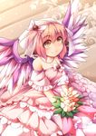  bare_shoulders bird_wings bouquet bridal_veil bride brown_eyes commentary_request dress flower frilled_dress frills fun_bo jewelry md5_mismatch mystia_lorelei necklace pink_dress pink_wedding_dress red_hair smile solo touhou veil wedding_dress wings 