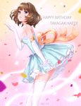  blue_eyes brown_hair elbow_gloves gloves green_eyes happy_birthday heterochromia highres idolmaster idolmaster_cinderella_girls meto31 mole mole_under_eye short_hair skirt solo takagaki_kaede thighhighs 