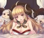  anila_(granblue_fantasy) bare_arms bare_shoulders bed blonde_hair breasts canopy_bed cleavage draph dress eyebrows granblue_fantasy horns large_breasts long_hair lying on_bed on_stomach open_mouth oukawa_yuu sheep sheep_horns smile solo strapless strapless_dress thick_eyebrows yellow_eyes 