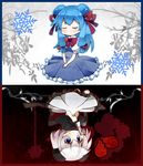  blood blue_eyes blush bow broken_heart closed_eyes commentary_request contrast double_bun dress flower_ornament frilled_dress frills hair_bow hands_together knife looking_at_viewer minpou_purimeeru moyo_(amaniwa) multiple_girls rotational_symmetry short_hair sidelocks smile snowflakes symmetry towelket_wo_mou_ichido upside-down warawaw_nyamunyamu white_hair 