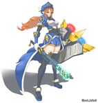  alternate_costume baton black_legwear brown_eyes brown_hair headset high_heels highres league_of_legends leona_(league_of_legends) long_hair police police_uniform policewoman shadow shield solo thick_thighs thighhighs thighs trombe uniform 