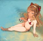  arm_support bangs barefoot bikini blonde_hair blunt_bangs bow breasts cagliostro_(granblue_fantasy) collar_removed granblue_fantasy hair_bow hanarito long_hair navel partially_submerged purple_eyes red_bikini side-tie_bikini sitting small_breasts solo sparkle swimsuit very_long_hair water 