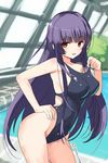  bangs blunt_bangs blush breasts brown_eyes commentary_request competition_swimsuit girlfriend_(kari) hand_on_hip highleg highleg_swimsuit highres kagurazaka_saya large_breasts long_hair looking_at_viewer one-piece_swimsuit open_mouth purple_hair rei_no_pool smile solo swimsuit yamacchi 