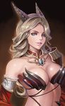  armor banned_artist bikini_armor blonde_hair blue_eyes breasts brooch detached_collar detached_sleeves horns jewelry large_breasts lips long_hair looking_at_viewer original solo upper_body yinan_cui 
