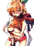  areola_slip areolae bare_arms belt blue_eyes blush breast_hold breasts hair_ornament hair_ribbon highres large_breasts light_brown_hair midriff mouth_hold orange_hair original red_scarf redcomet ribbon scarf shirt shirt_in_mouth shirt_lift short_shorts shorts sleeveless sleeveless_shirt solo tears 