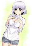  bob_cut breasts hands_on_own_chest kouda_tomohiro medium_breasts meme_attire open-chest_sweater shorts silver_hair smile solo sweater tonari_no_seki-kun turtleneck yellow_eyes yokoi_rumi 