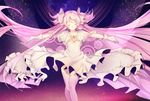  bad_id bad_pixiv_id bow cangchen closed_eyes dress gloves hair_bow hair_ribbon highres kaname_madoka long_hair mahou_shoujo_madoka_magica outstretched_arms pink_hair ribbon sky solo space spoilers star_(sky) starry_sky thighhighs two_side_up ultimate_madoka 