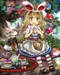  alice_in_wonderland animal_ears blonde_hair blue_eyes bunny bunny_ears cheshire_cat fujiwara_akina highres long_hair mary_janes official_art pantyhose shoes striped striped_legwear tenkuu_no_crystalia white_rabbit 