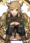 boots braid breasts carmelina_(granblue_fantasy) draph granblue_fantasy green_eyes horns large_breasts looking_at_viewer pointy_ears pupps scissors_hair_ornament signature smile solo squatting thigh_boots thighhighs twin_braids underboob_cutout 