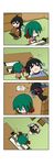  &gt;_&lt; /\/\/\ 2girls 4koma absurdres animal_ears asymmetrical_wings black_dress black_hair box calligraphy_brush carrying chibi closed_eyes comic crying desk dress falling fang flying_sweatdrops green_hair head_bump highres houjuu_nue inkstone kasodani_kyouko multiple_girls paintbrush rakugaki-biyori scroll seiza silent_comic sitting smirk spoken_exclamation_mark tail touhou trembling wings writing 