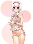  bare_shoulders blush breasts flower_knight_girl hairband looking_at_viewer lowleg lowleg_panties micro_panties panties pussy_peek red_eyes royal_princess_(flower_knight_girl) sasayuki side-tie_panties sleeveless small_breasts smile solo underwear white_hair white_panties wrist_cuffs 