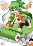  1boy 1girl :d alternate_costume bangs bike_shorts bow brown_hair closed_eyes commentary_request controller domino_mask game_console game_controller green_eyes green_hair grey_hair hair_bow highres ink_tank_(splatoon) inkling jewelry kantai_collection mask monster_girl open_mouth paint_roller playing_games ponytail ring short_hair short_sleeves smile sparkling_eyes splat_roller_(splatoon) splatoon_(series) splatoon_1 tentacle_hair translated wedding_band wii_u wristband yano_toshinori yuubari_(kantai_collection) 