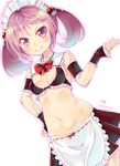  adapted_costume alternate_costume apron artist_name breasts cleavage cuffs hair_bobbles hair_ornament hairband hand_on_hip highres imu_sanjo kantai_collection long_hair looking_at_viewer maid maid_apron maid_bikini maid_headdress navel pink_eyes pink_hair ribbon ribbon-trimmed_apron ribbon_trim sazanami_(kantai_collection) signature skirt small_breasts smile solo twintails uniform waist_apron white_background wrist_cuffs wristband 