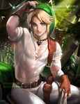  bad_id bad_pixiv_id banned_artist blonde_hair blue_eyes fingerless_gloves forest gloves green_hat hat jewelry link male_focus nature pendant pointy_ears sakimichan see-through shirt sitting solo the_legend_of_zelda toned toned_male watermark web_address white_shirt 