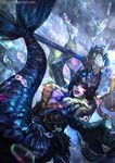  cglas gem headpiece highres league_of_legends mermaid monster_girl nami_(league_of_legends) outstretched_hand pearl scales solo staff underwater watermark web_address 