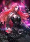  alternate_costume alternate_hair_color alternate_hairstyle armband cglas chain cosplay highres instrument league_of_legends long_hair pentakill pentakill_sona red_hair solo sona_buvelle tattoo 