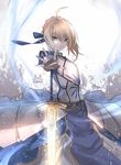  ahoge armor armored_dress artoria_pendragon_(all) blonde_hair blue_dress commentary_request dress eisuto excalibur fate/stay_night fate_(series) glowing glowing_sword glowing_weapon green_eyes looking_at_viewer metal_gloves outstretched_arm saber solo sword weapon 