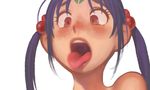  close-up facial_mark forehead_mark freckles hair_bobbles hair_ornament long_hair masaki_sasami_jurai open_mouth purple_hair ramb_chop red_eyes solo tenchi_muyou! tongue tongue_out twintails wide-eyed 