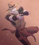  aiming bad_id bad_pixiv_id blonde_hair blue_eyes cigarette cowboy_hat emperor_(stand) gradient gradient_background gun hat hol_horse jojo_no_kimyou_na_bouken kamonisi male_focus smile solo stand_(jojo) stardust_crusaders weapon wristband 